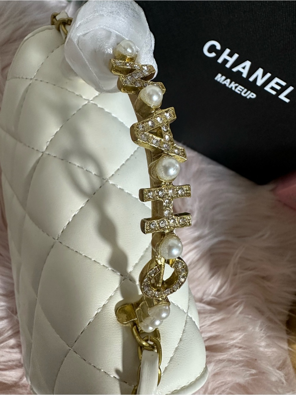 GWP Cream Quilted Shoulder Bag with Gold Pearl & Crystal Logo Chain